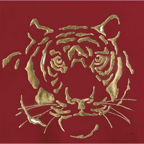 Gilded Tiger on Red Black Modern Wood Framed Art Print with Double Matting by Paschke, Chris