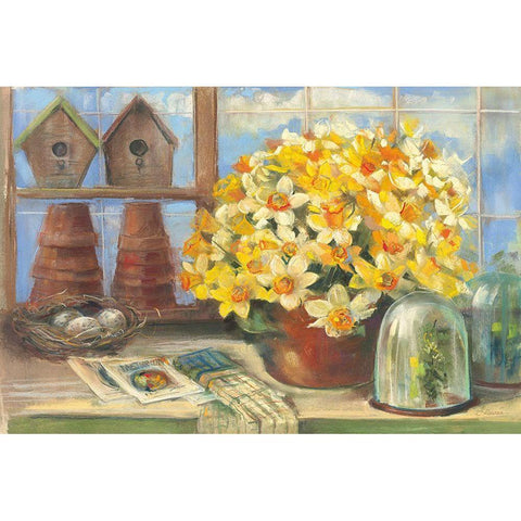 Daffodils in the Greenhouse White Modern Wood Framed Art Print by Rowan, Carol