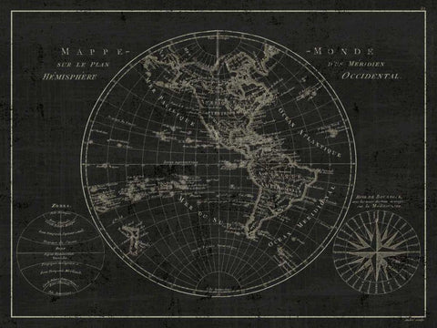 Mappemonde Etching v2 Black Ornate Wood Framed Art Print with Double Matting by Wild Apple Portfolio