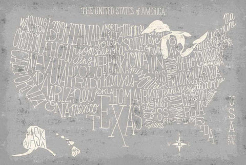 Hand Lettered USA Map Gray Black Ornate Wood Framed Art Print with Double Matting by Mullan, Michael