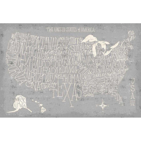 Hand Lettered USA Map Gray Black Modern Wood Framed Art Print by Mullan, Michael