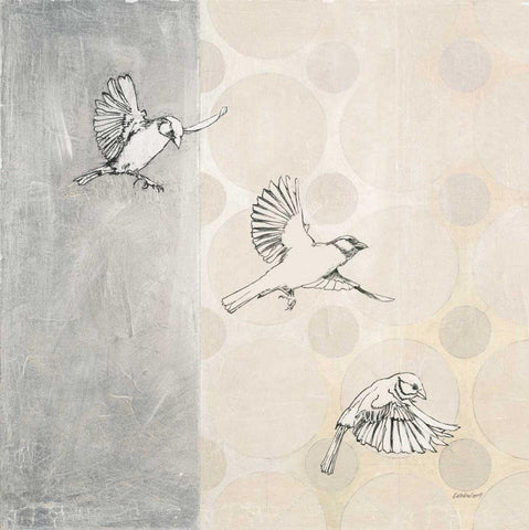 Sparrows Alighting White Modern Wood Framed Art Print with Double Matting by Lovell, Kathrine
