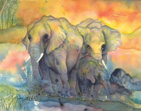 Elephants Crop White Modern Wood Framed Art Print with Double Matting by Paschke, Chris