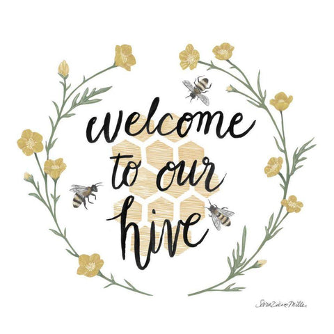 Happy to Bee Home III Welcome Gold Ornate Wood Framed Art Print with Double Matting by Miller, Sara Zieve