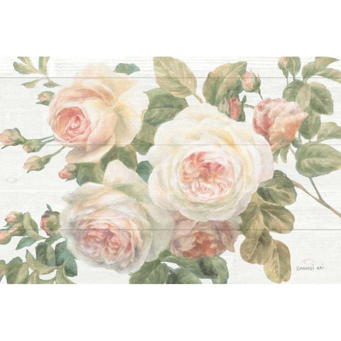 Vintage Roses White on Shiplap Crop Gold Ornate Wood Framed Art Print with Double Matting by Nai, Danhui