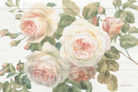 Vintage Roses White on Shiplap Crop Black Ornate Wood Framed Art Print with Double Matting by Nai, Danhui