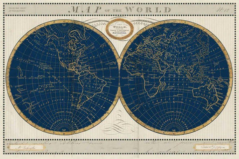 Torkingtons World Map Indigo Globes White Modern Wood Framed Art Print with Double Matting by Schlabach, Sue