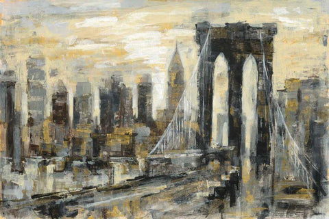 Brooklyn Bridge Gray and Gold Black Ornate Wood Framed Art Print with Double Matting by Vassileva, Silvia