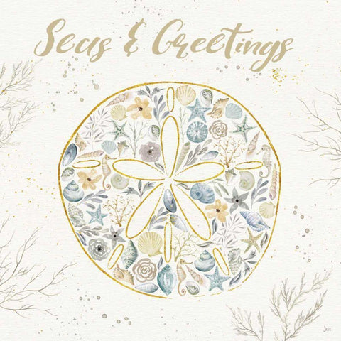 Seaside Blossoms IV Blue Greetings Gold Ornate Wood Framed Art Print with Double Matting by Aiken, Jess