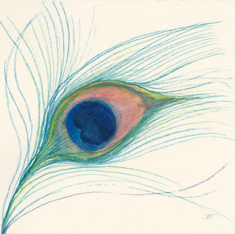 Peacock Feather I White Modern Wood Framed Art Print with Double Matting by Thomas, Miranda