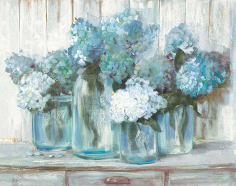 Hydrangeas in Glass Jars Blue White Modern Wood Framed Art Print with Double Matting by Rowan, Carol