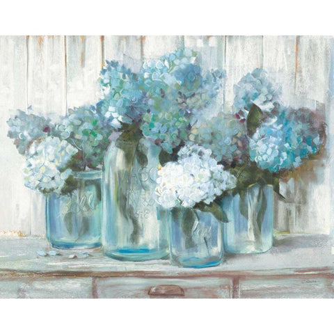 Hydrangeas in Glass Jars Blue Gold Ornate Wood Framed Art Print with Double Matting by Rowan, Carol