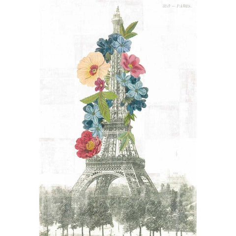 Floral Eiffel Tower Gold Ornate Wood Framed Art Print with Double Matting by Wild Apple Portfolio