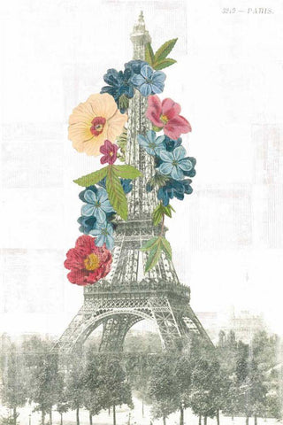 Floral Eiffel Tower White Modern Wood Framed Art Print with Double Matting by Wild Apple Portfolio