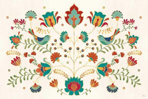 Folk Floral I Black Ornate Wood Framed Art Print with Double Matting by Charron, Veronique