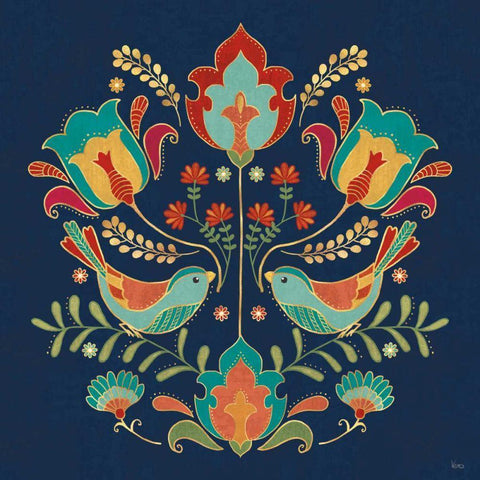 Folk Floral III Dark Black Ornate Wood Framed Art Print with Double Matting by Charron, Veronique