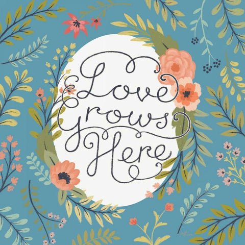Retro Garden II - Love Grows Here Blue Gold Ornate Wood Framed Art Print with Double Matting by Penner, Janelle