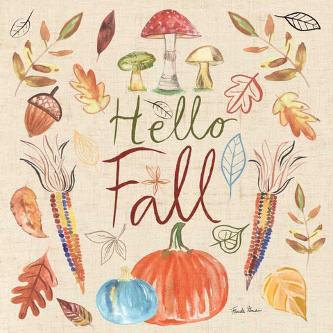 Hello Fall I Sq Burlap White Modern Wood Framed Art Print with Double Matting by Zaman, Farida