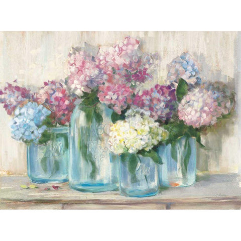 Hydrangeas in Glass Jar Pastel Crop White Modern Wood Framed Art Print by Rowan, Carol