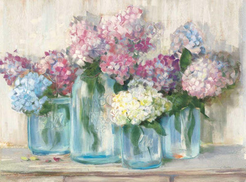 Hydrangeas in Glass Jar Pastel Crop White Modern Wood Framed Art Print with Double Matting by Rowan, Carol