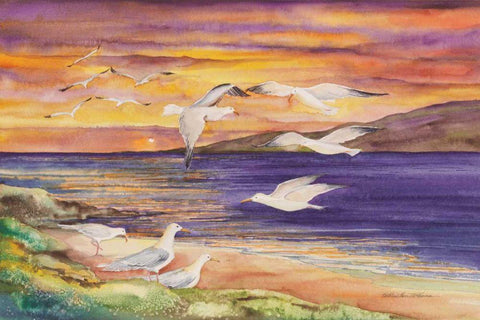 Seagull Sunset Black Ornate Wood Framed Art Print with Double Matting by McKenna, Kathleen Parr