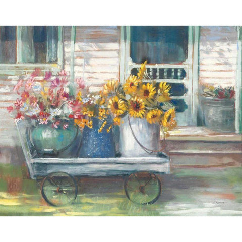 Garden Wagon Bright Black Modern Wood Framed Art Print with Double Matting by Rowan, Carol