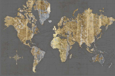 Gilded Map Gray - No Border White Modern Wood Framed Art Print with Double Matting by Wild Apple Portfolio