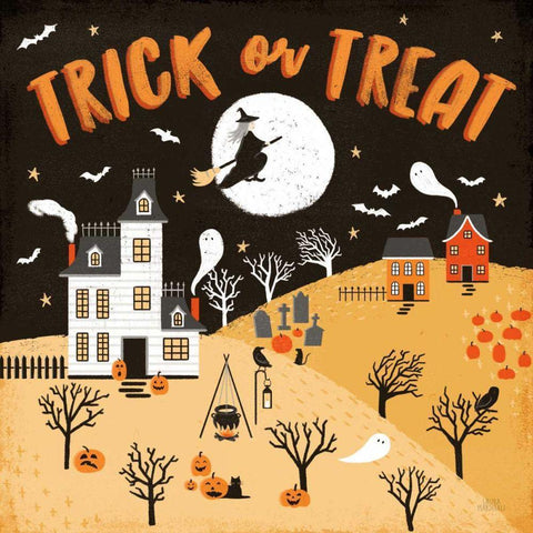 Spooky Village III Orange Black Modern Wood Framed Art Print with Double Matting by Marshall, Laura