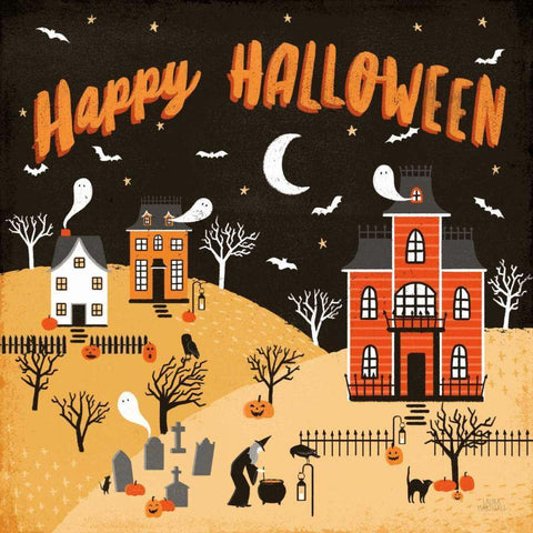 Spooky Village IV Happy Halloween White Modern Wood Framed Art Print with Double Matting by Marshall, Laura