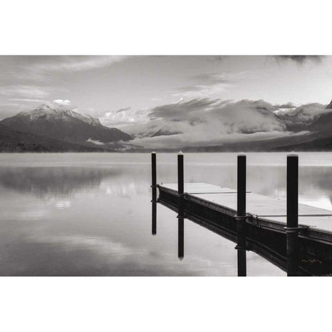 Lake McDonald Dock BW White Modern Wood Framed Art Print by Majchrowicz, Alan