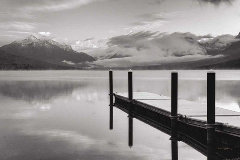 Lake McDonald Dock BW Black Ornate Wood Framed Art Print with Double Matting by Majchrowicz, Alan