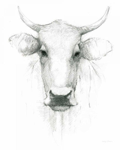 Cow Sketch White Modern Wood Framed Art Print with Double Matting by Tillmon, Avery