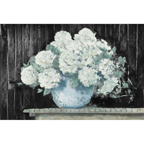 White Hydrangea on Black Crop White Modern Wood Framed Art Print by Rowan, Carol