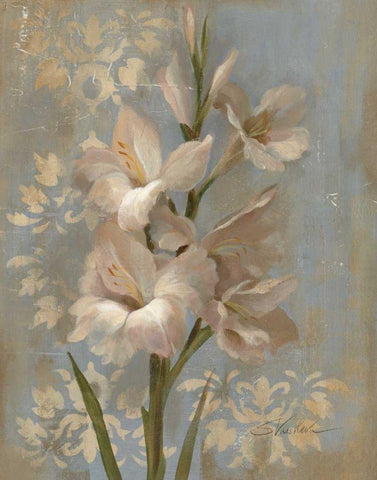 Gladiola on Soft Blue - Original Black Ornate Wood Framed Art Print with Double Matting by Vassileva, Silvia