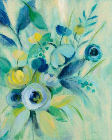 Elegant Blue Floral I White Modern Wood Framed Art Print with Double Matting by Vassileva, Silvia