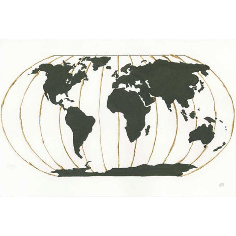 World Map Gold Lines Black Modern Wood Framed Art Print with Double Matting by Paschke, Chris