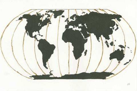 World Map Gold Lines Black Ornate Wood Framed Art Print with Double Matting by Paschke, Chris