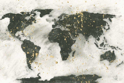 World Map Gold Speckle Black Ornate Wood Framed Art Print with Double Matting by Paschke, Chris