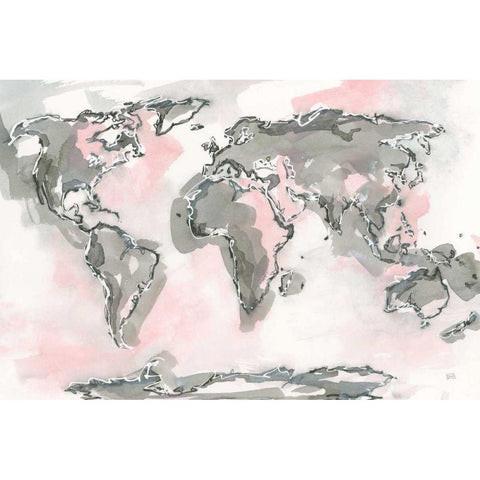 World Map Blush Black Modern Wood Framed Art Print with Double Matting by Paschke, Chris