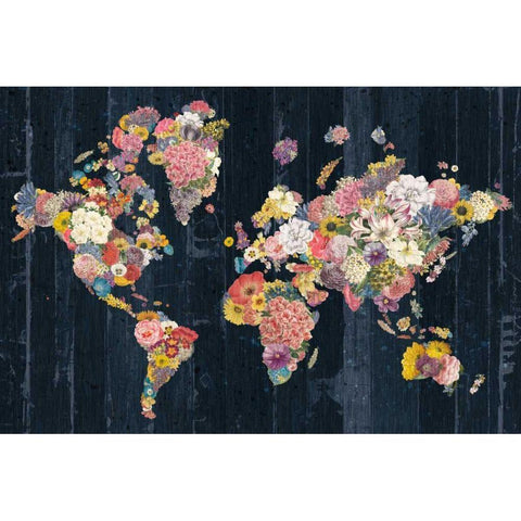 Botanical Floral Map Black Modern Wood Framed Art Print by Wild Apple Portfolio