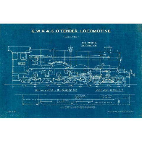 Locomotive Blueprint I White Modern Wood Framed Art Print by Wild Apple Portfolio