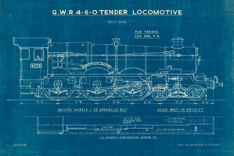 Locomotive Blueprint I White Modern Wood Framed Art Print with Double Matting by Wild Apple Portfolio