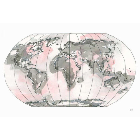 World Map Blush v2 Black Modern Wood Framed Art Print with Double Matting by Paschke, Chris