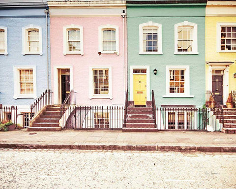 Chelsea Houses All Lined Up Spring Black Ornate Wood Framed Art Print with Double Matting by Bevan, Keri