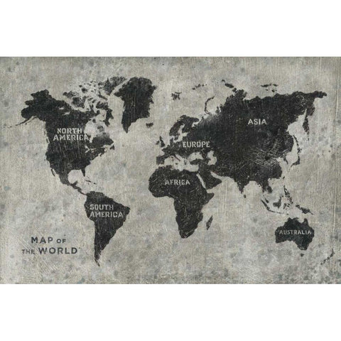 Grunge World Map Black Modern Wood Framed Art Print with Double Matting by Wiens, James