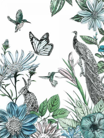 Peacock and Flowers White Modern Wood Framed Art Print with Double Matting by Ilangaratne, Amelia