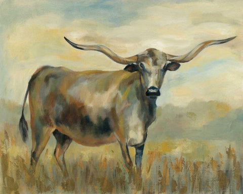 Longhorn Cow White Modern Wood Framed Art Print with Double Matting by Vassileva, Silvia