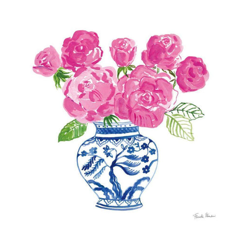 Chinoiserie Roses on White I White Modern Wood Framed Art Print with Double Matting by Zaman, Farida