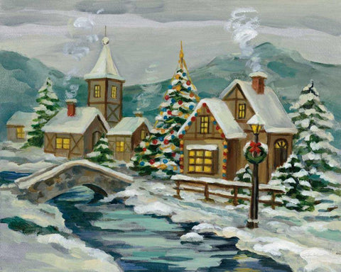 Twilight Christmas Village White Modern Wood Framed Art Print with Double Matting by Vassileva, Silvia