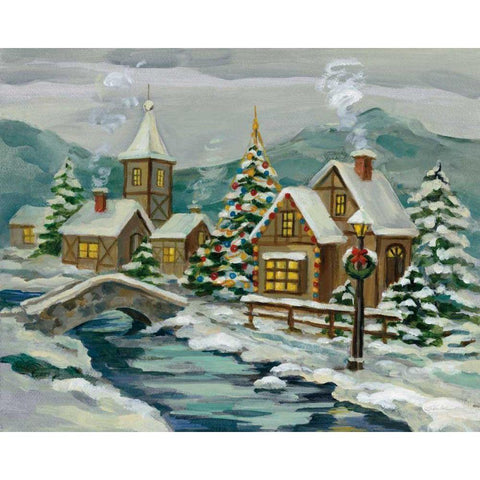 Twilight Christmas Village Gold Ornate Wood Framed Art Print with Double Matting by Vassileva, Silvia